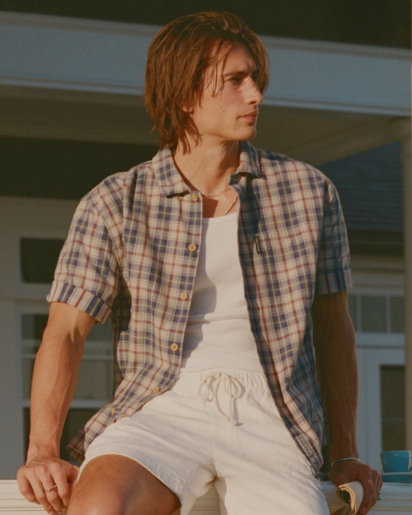 Camisa abotonada escocesa de manga corta, Escocés Azul view 1