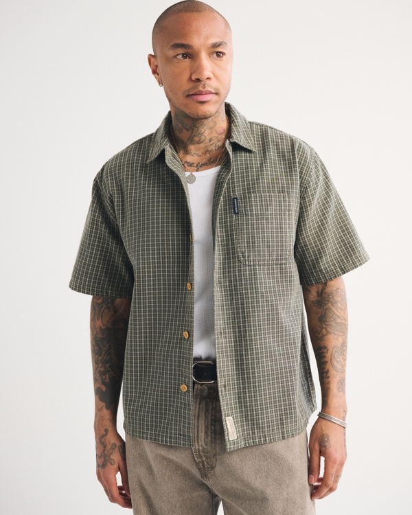 Short-Sleeve Plaid Button-Up Shirt, Green Plaid view 1