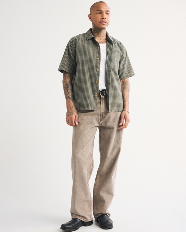 Short-Sleeve Plaid Button-Up Shirt, Green Plaid view 2