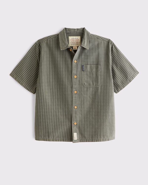 Short-Sleeve Plaid Button-Up Shirt, Green Plaid view 1