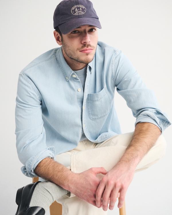 シャンブレー デニム ボタンアップシャツ, ライトウォッシュ view 2