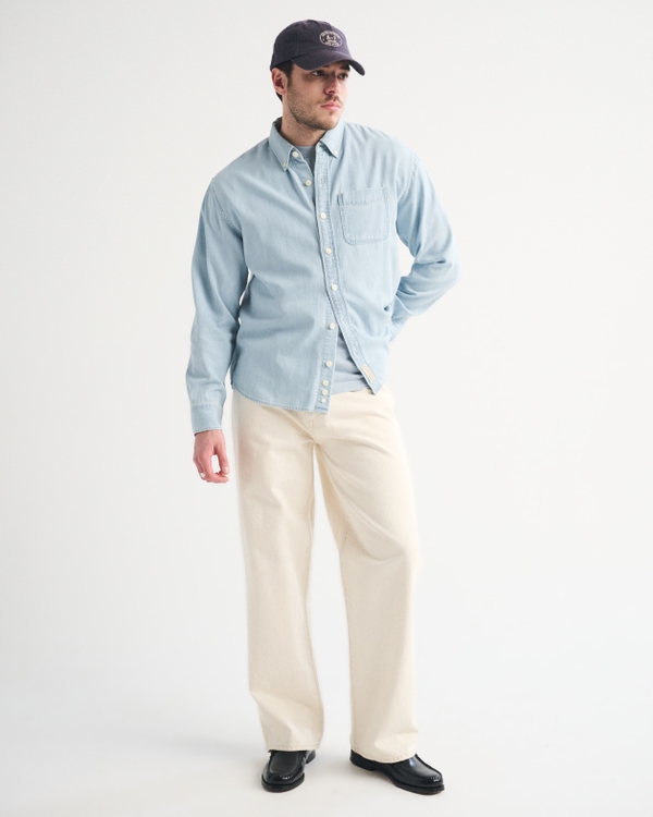 シャンブレー デニム ボタンアップシャツ, ライトウォッシュ view 2