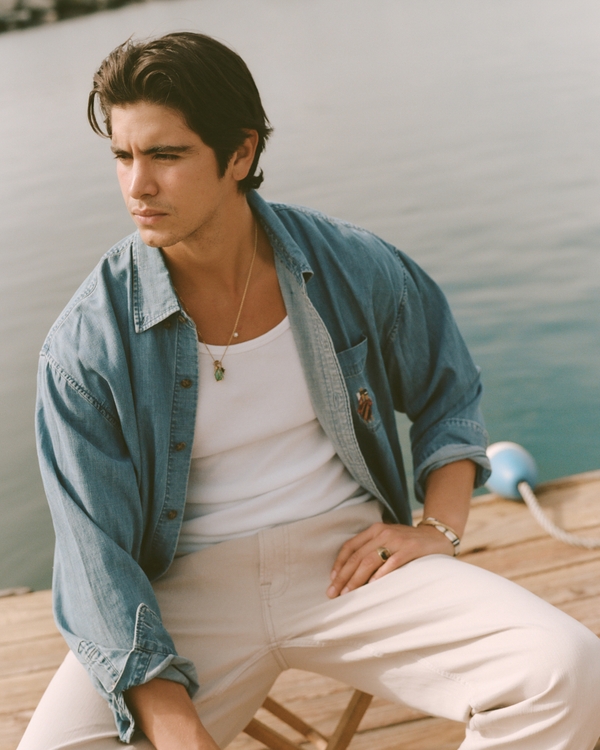 Chambray Denim Button-Up Shirt, Medium Wash view 1