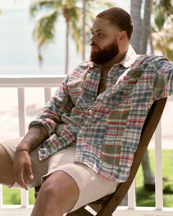 Long-Sleeve Button-Up Madras Shirt, Blue Plaid view 1