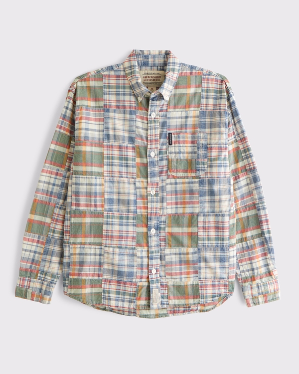Long-Sleeve Button-Up Madras Shirt, Blue Plaid view 2