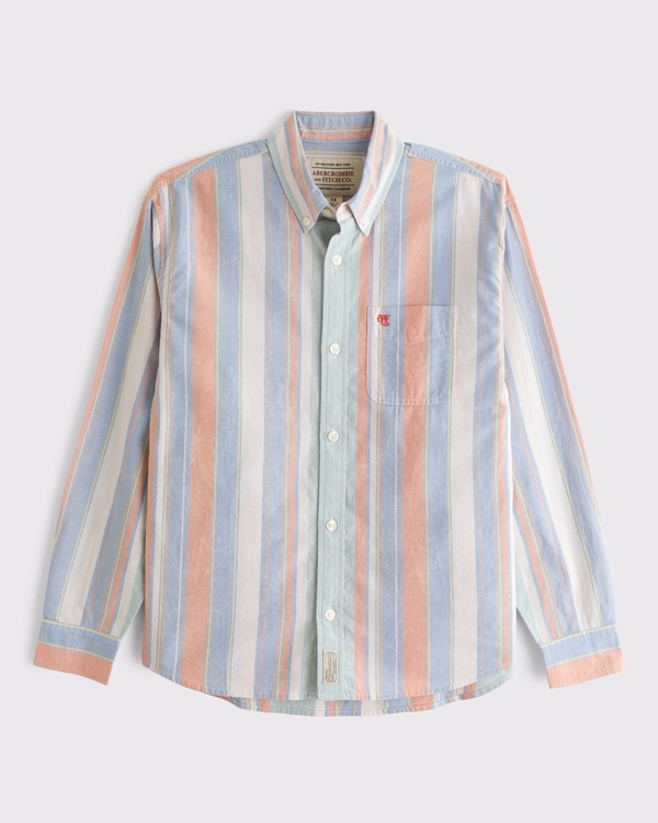 Striped Logo Button-Up Shirt, Light Blue Stripe view 1