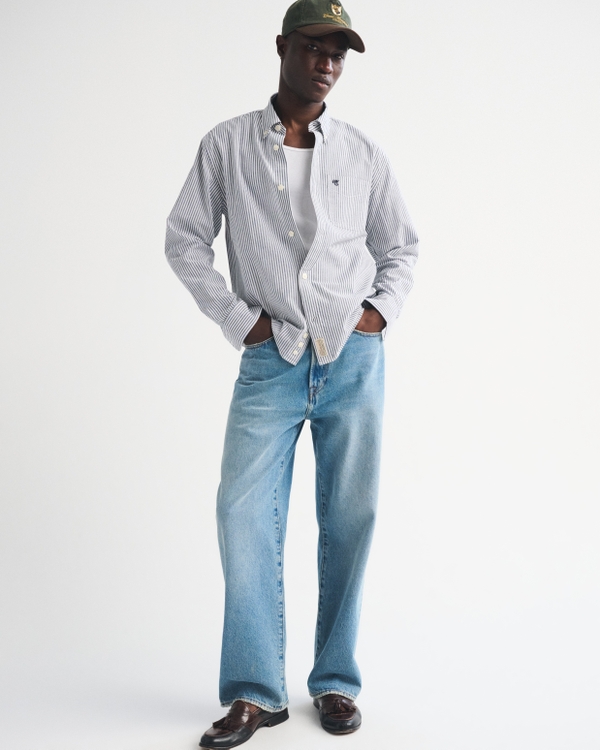 Striped Logo Button-Up Shirt, Blue Stripe view 2