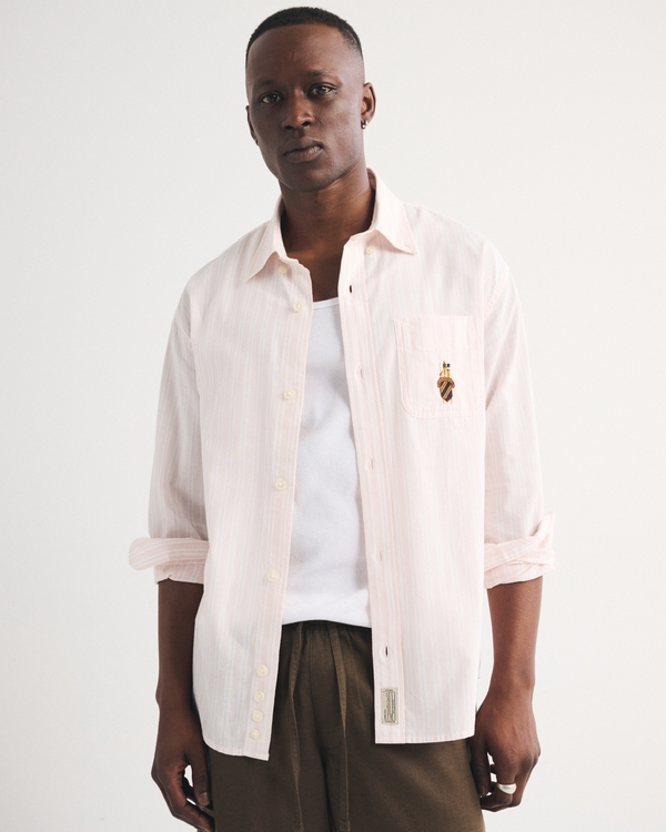 Striped Logo Button-Up Shirt, Light Pink Stripe view 1