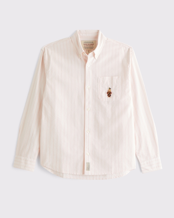 Striped Logo Button-Up Shirt, Light Pink Stripe view 1