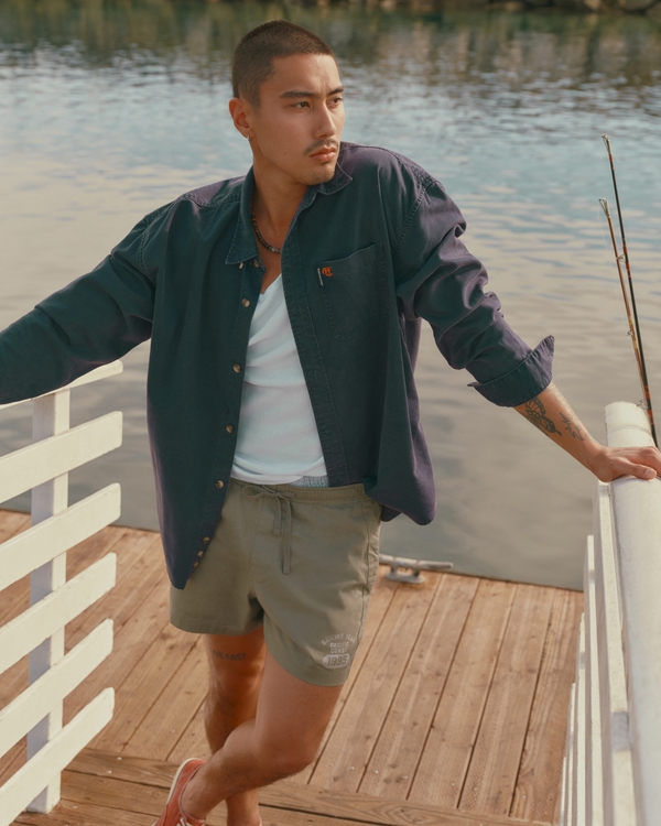 Twill Logo Button-Up Shirt, Dark Blue view 1