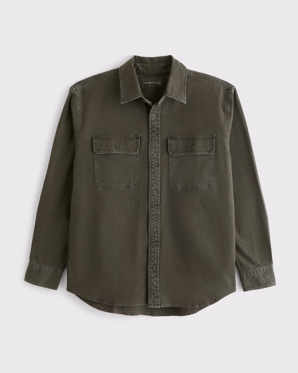 Camisa abotonada de lona de manga larga, Oliva view 1