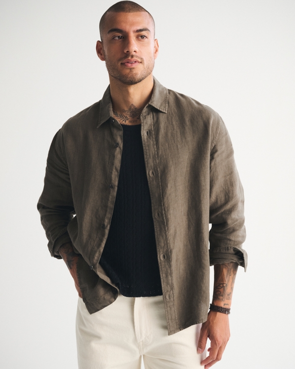 100% Linen Button-Up Shirt, Brown Green view 1