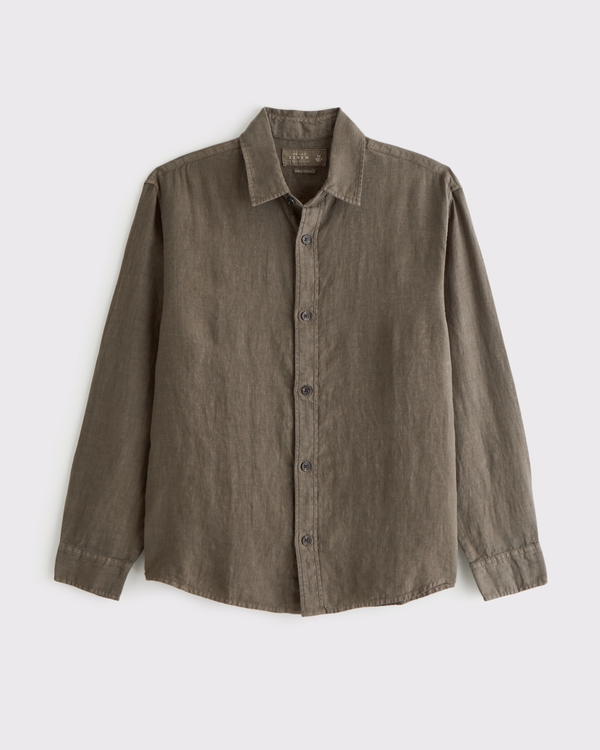 100% Linen Button-Up Shirt, Brown Green view 1