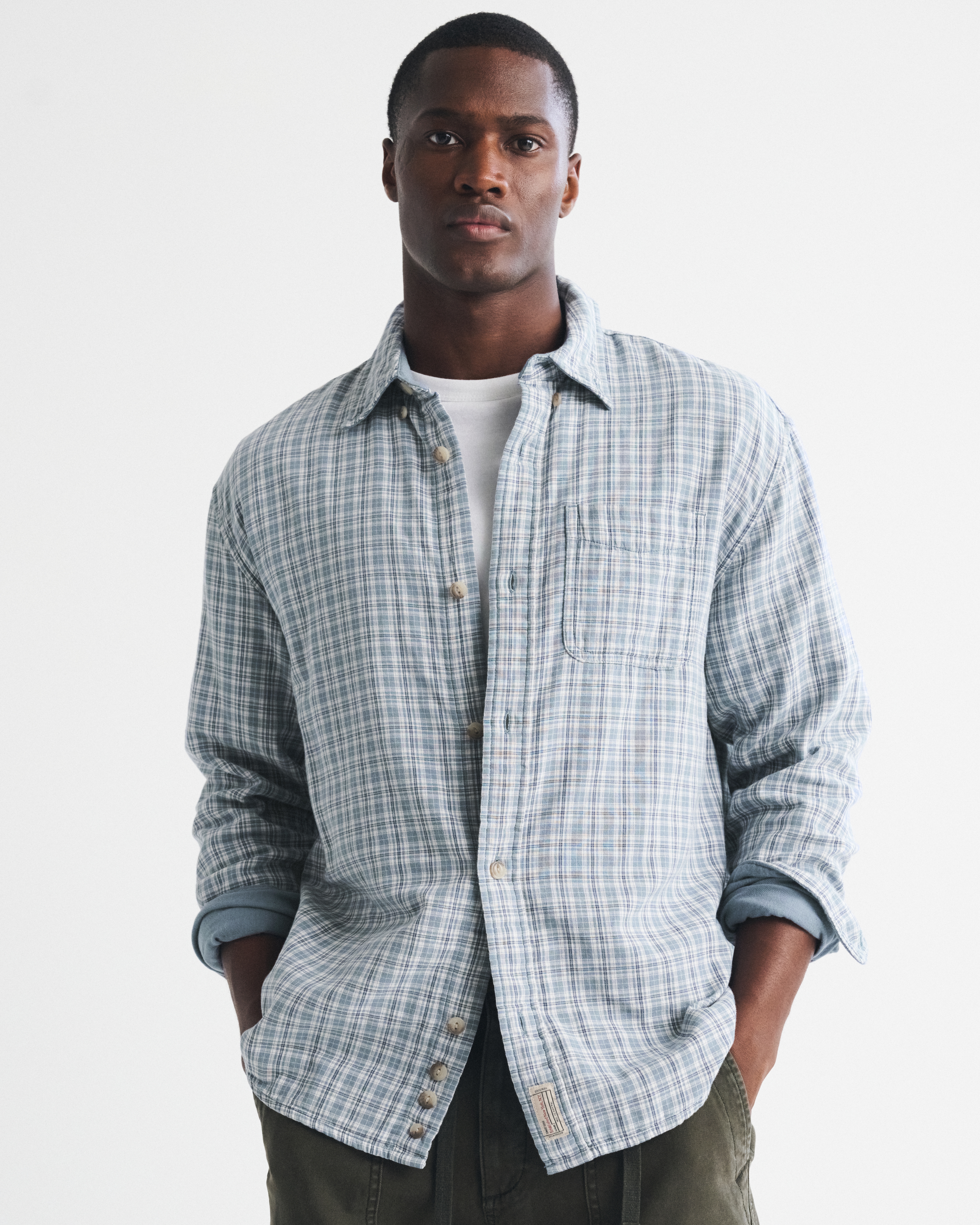 Мужская рубашка Abercrombie & Fitch 100% Cotton Plaid Button-Up, цвет: Сланцевый клетчатый — фото 2