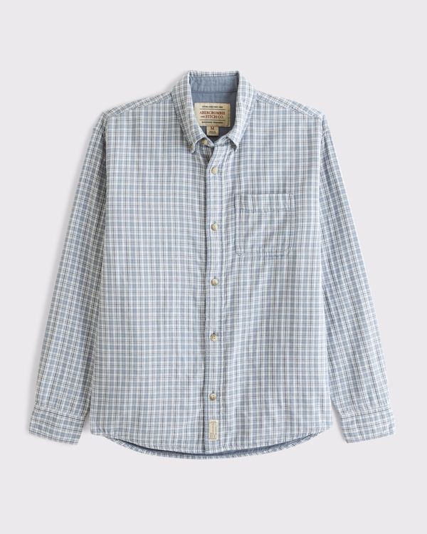 100% Cotton Plaid Button-Up Shirt, Cool Slate Plaid view 1