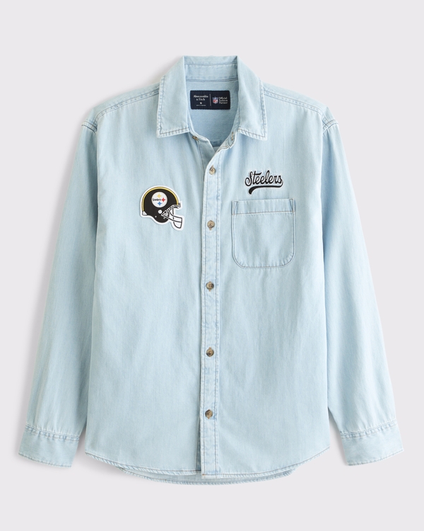 Pittsburgh Steelers Denim Button-Up Shirt, Light Wash-steelers view 1