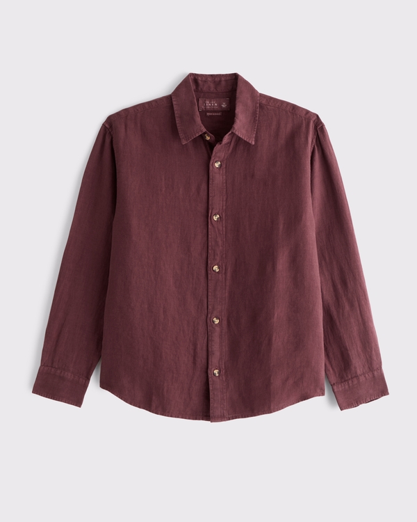 100% Linen Button-Up Shirt, Maroon view 1