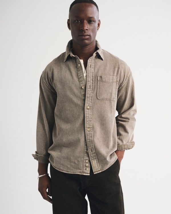 Denim Button-Up Shirt, Light Brown view 1
