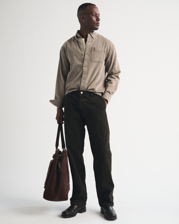 Denim Button-Up Shirt, Light Brown view 2