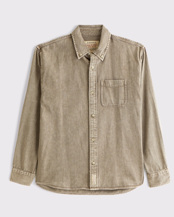 Denim Button-Up Shirt, Light Brown view 1