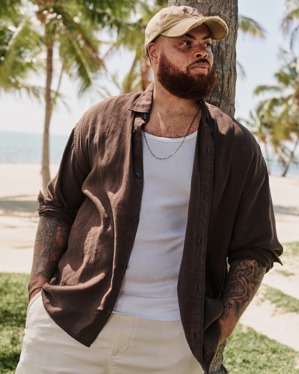 100% Linen Button-Up Shirt, Dark Coffee view 1