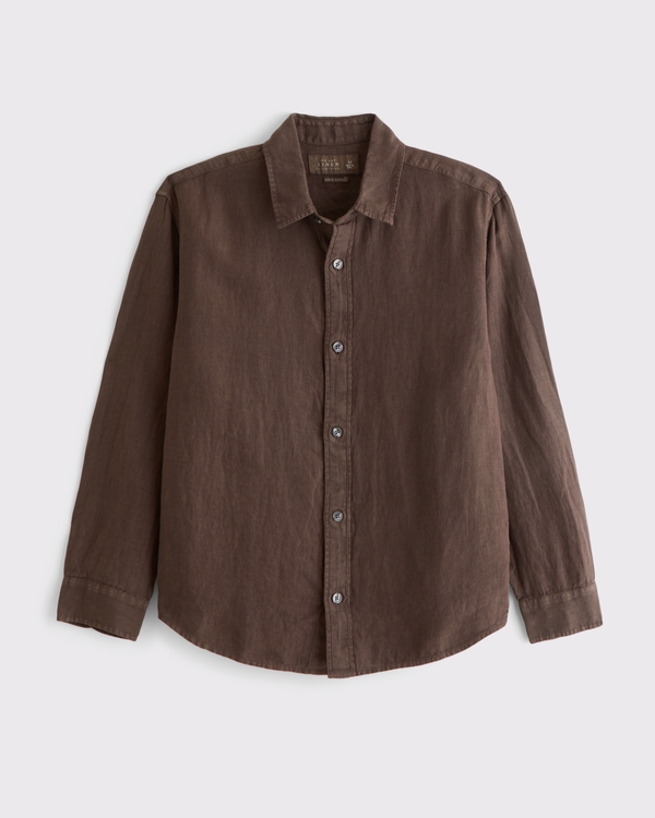 100% Linen Button-Up Shirt, Dark Coffee view 1