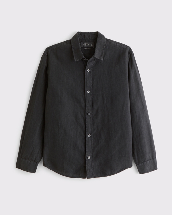 100% Linen Button-Up Shirt, Black view 1