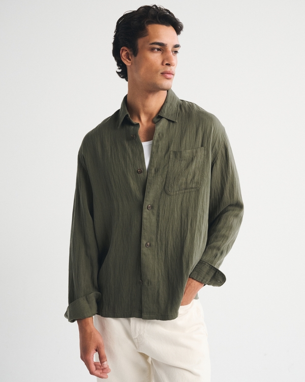 Lyocell-Blend Button-Up Shirt, Deep Moss view 2