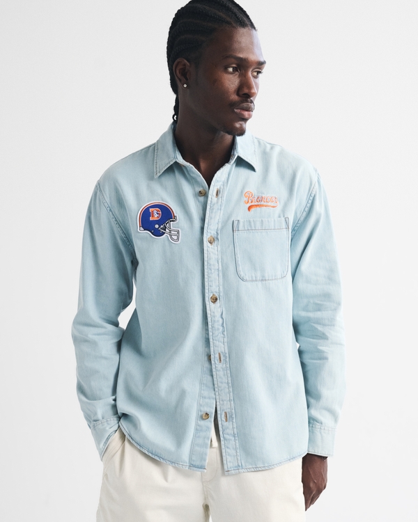 Denver Broncos Denim Button-Up Shirt, Light Wash-broncos view 1