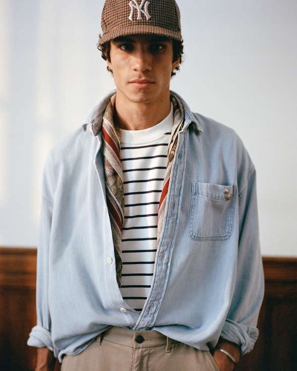 Denim Button-Up Shirt, Light Blue Wash view 1