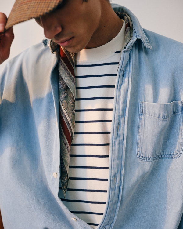 Denim Button-Up Shirt, Light Blue Wash view 2