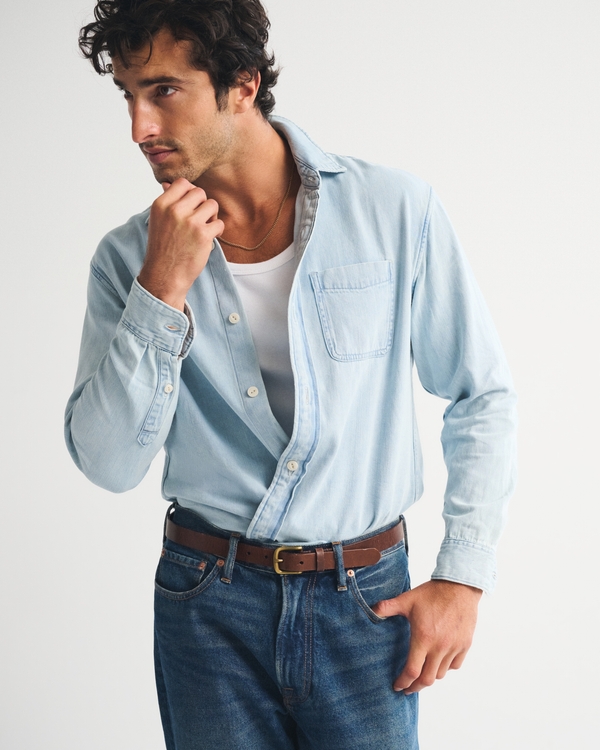 Denim Button-Up Shirt, Light Blue Wash view 1