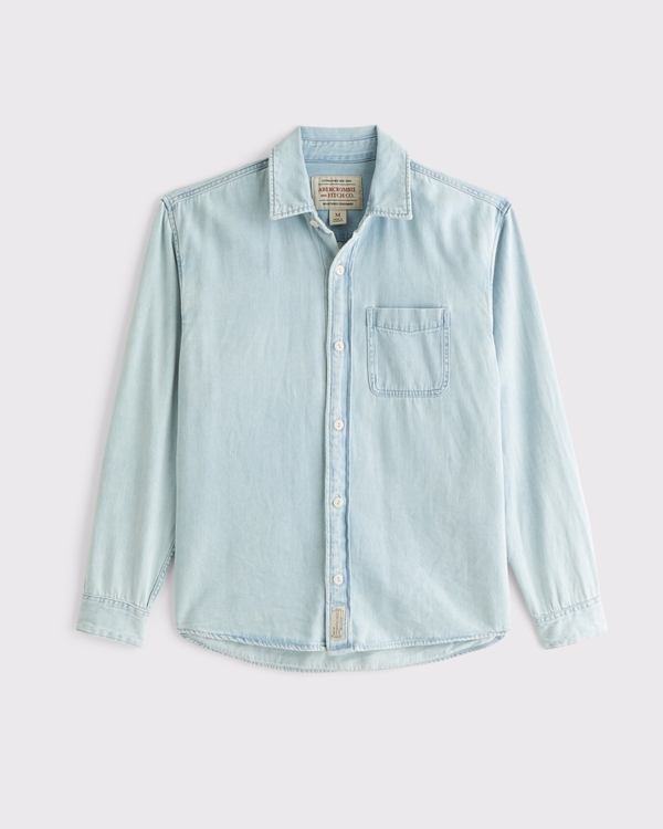 Denim Button-Up Shirt, Light Blue Wash view 1