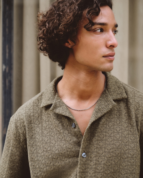 Boxy Button-Up Lace Shirt, Brown Green view 1