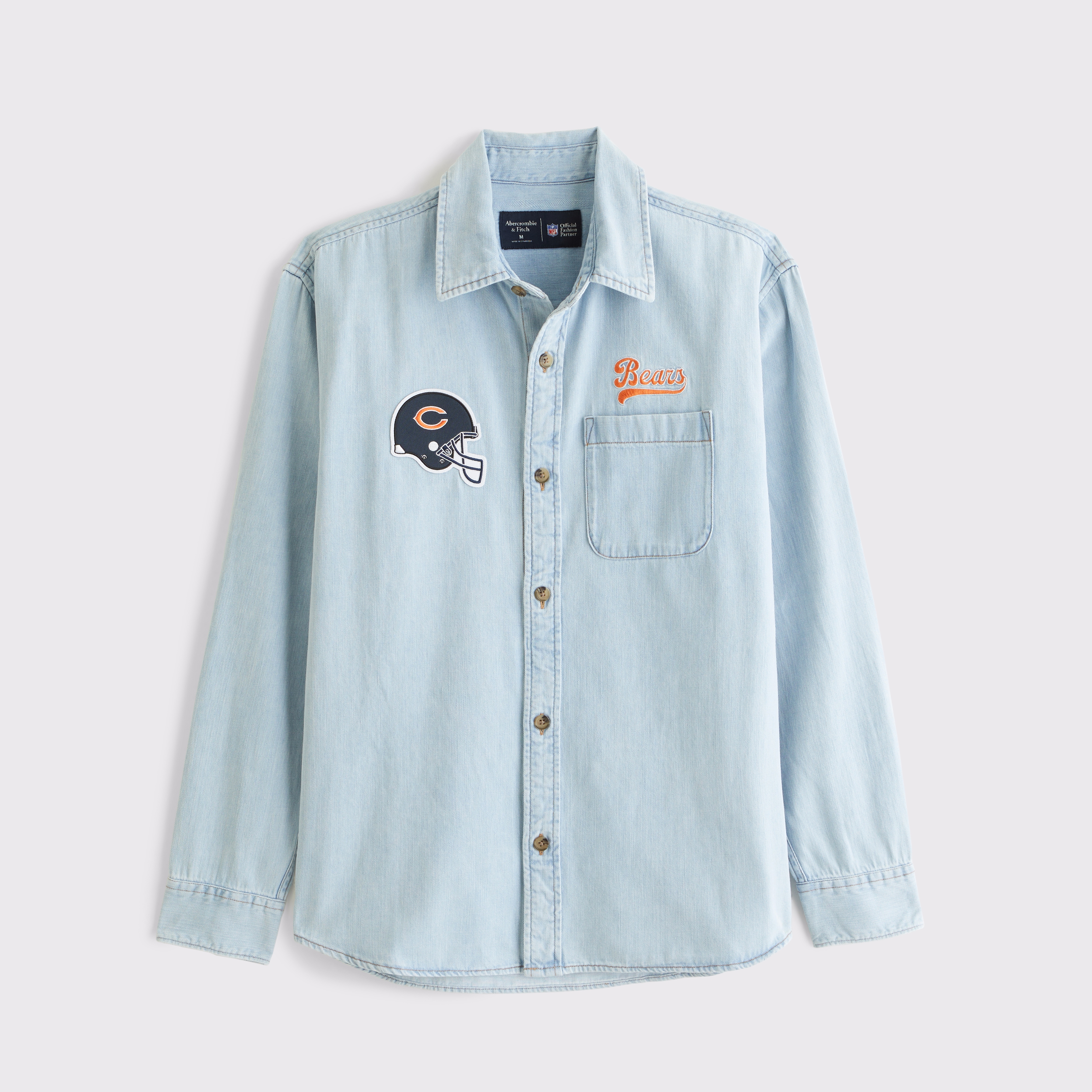 Мужская рубашка Abercrombie & Fitch Chicago Bears Denim Button-Up, цвет: Светлый варёный