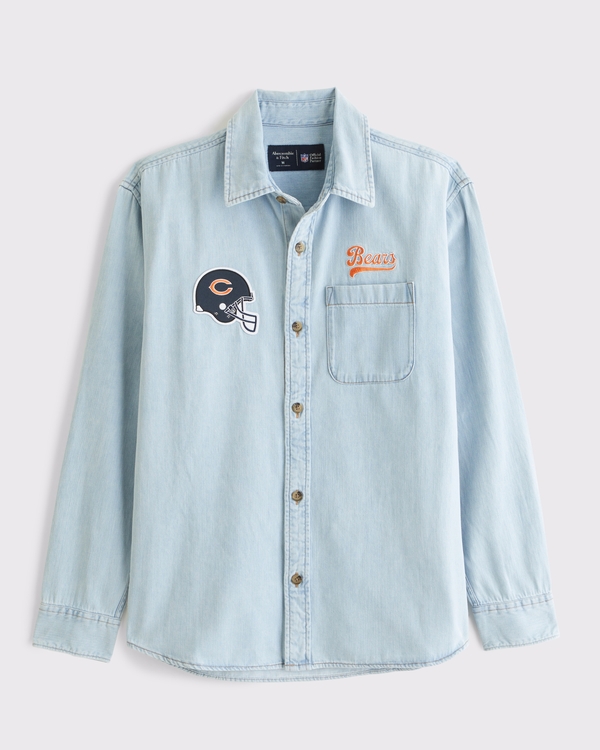 Chicago Bears Denim Button-Up Shirt, Light Wash- Bears view 1