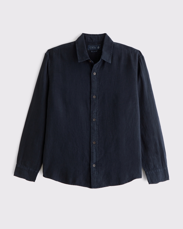 100% Linen Button-Up Shirt, Deep Navy view 1