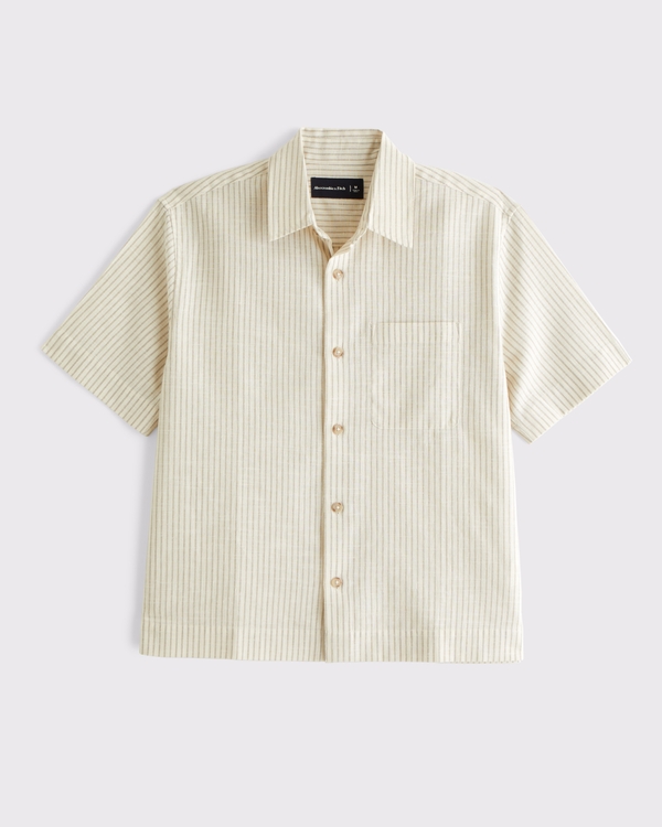 Point Collar Button-Up Shirt, Cream Stripe view 1