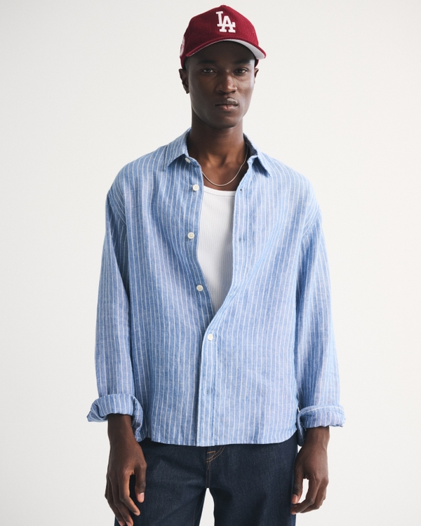 100% Linen Button-Up Shirt, Light Blue Stripe view 1