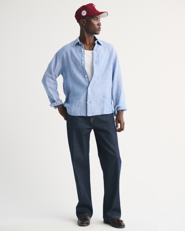 100% Linen Button-Up Shirt, Light Blue Stripe view 2