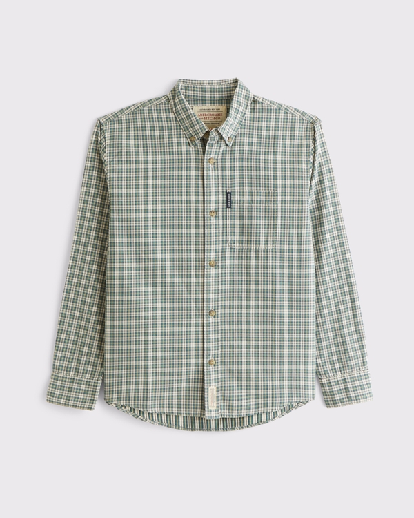 Twill Button-Up Shirt, Green Plaid view 1