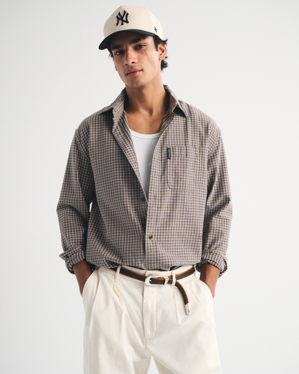 Button-Up Shirt, Brown Plaid view 1