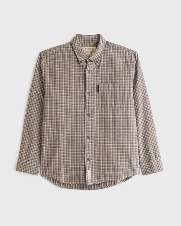 Twill Button-Up Shirt, Brown Plaid view 1