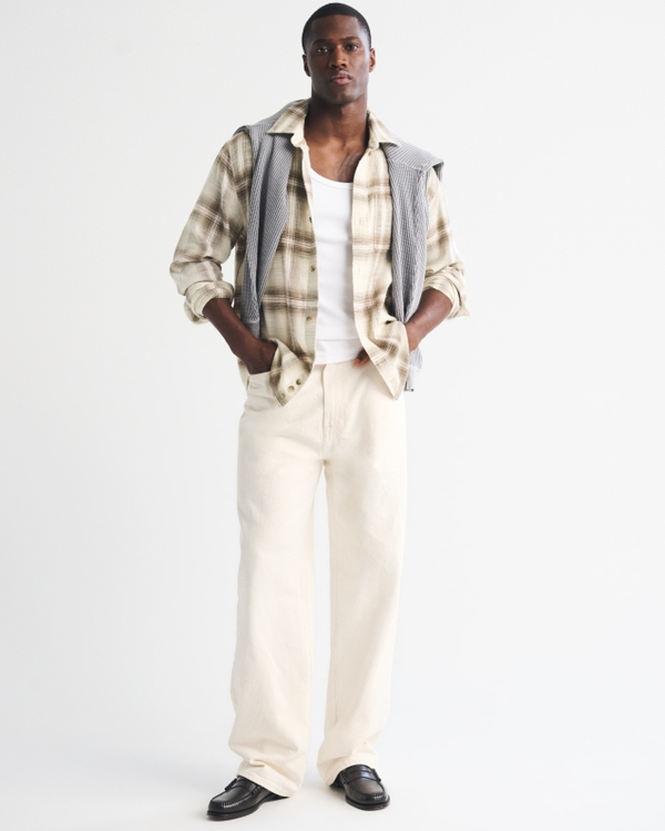 100% Cotton Vintage-Inspired Flannel Shirt, Cream Plaid view 2