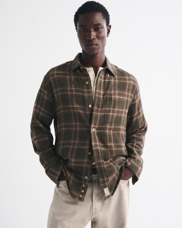 Vintage-Inspired 100% Cotton Flannel Shirt, Brown Plaid view 1