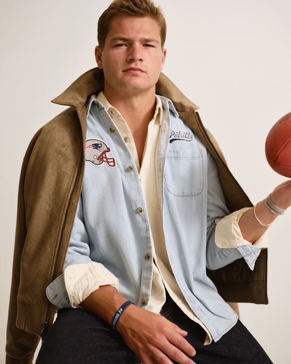 New England Patriots Denim Button-Up Shirt, Light Wash-patriots view 1