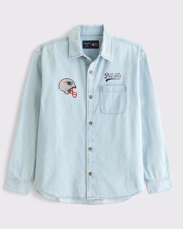 New England Patriots Denim Button-Up Shirt, Light Wash-patriots view 1
