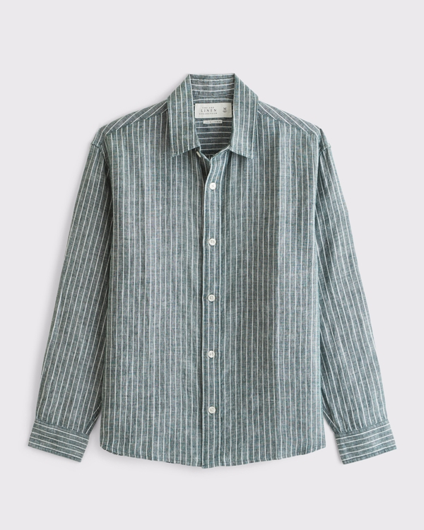 100% Linen Button-Up Shirt, Green Stripe view 1