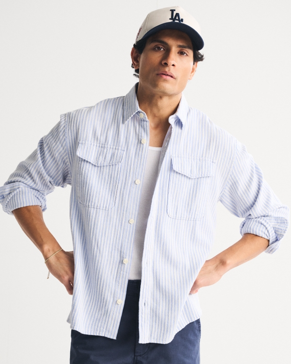 Linen-Blend Button-Up Shirt, Chambray view 1