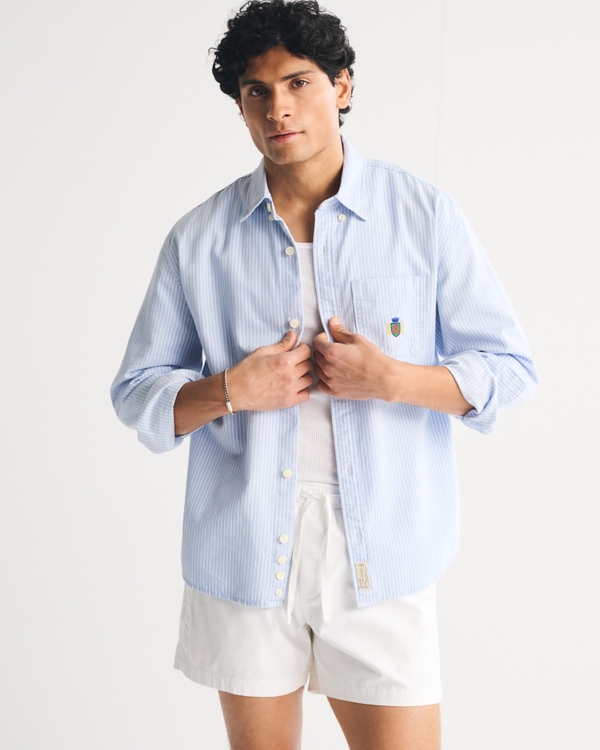 Crest Striped Button-Up Shirt, Light Blue Stripe view 1
